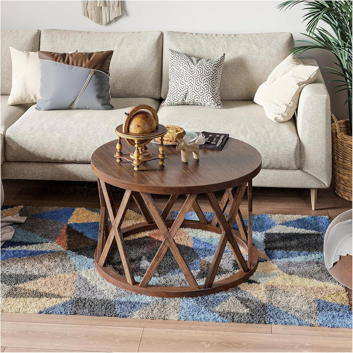 COZAYH Rustic Farmhouse Coffee Table, Round Coffee Table with X-Motifs Legs, Wood Textured Top, for Boho, French Country Decor, Brown