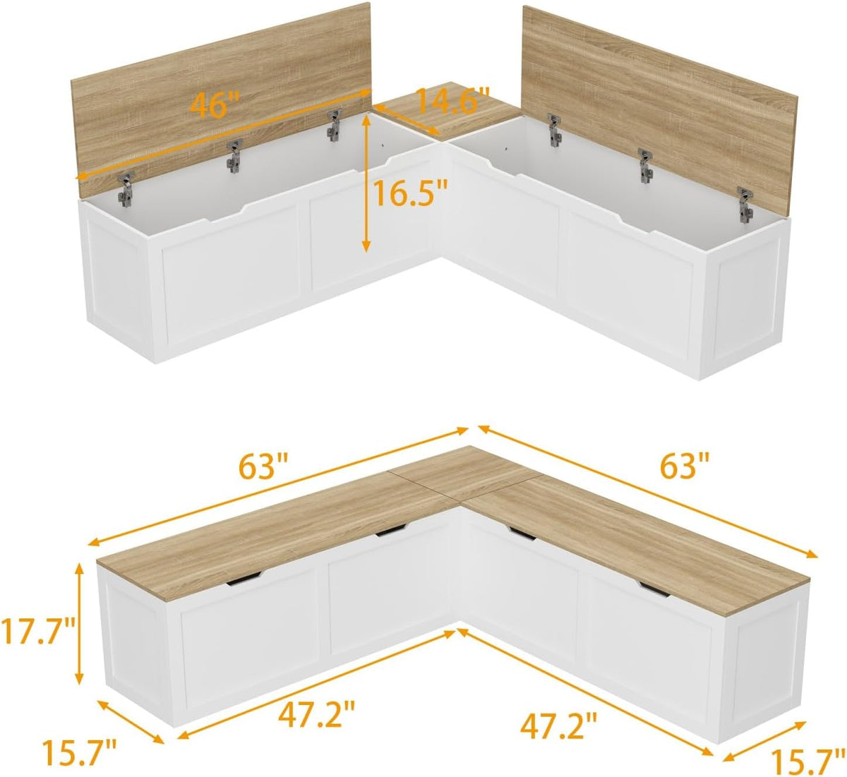 L Shaped Breakfast Nook Bench with Hidden Storage, 63 Inch Corner Dining Bench for Small Kitchen, Breakfast Nook Set for Dining Room, Entryway, Oak 63”L x 63”W x 31”H