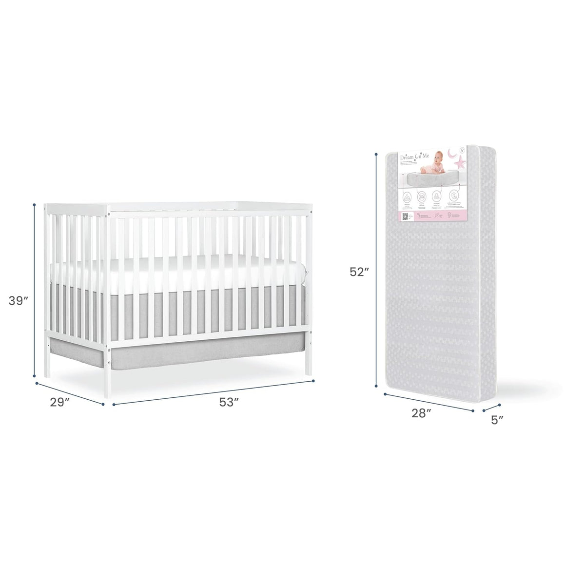 Bundle of Dream On Me Synergy 5-in-1 Convertible Crib & Honeycomb Orthopedic Full Size Crib Mattress, Greenguard Gold Certified, Adjustable Height, Firm Fiber Support, Waterproof Cover