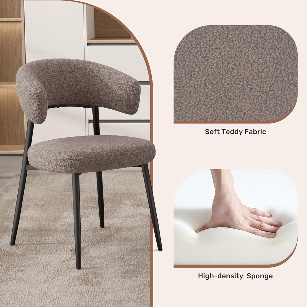 Dining Chairs Set of 4, Mid Century Modern Kitchen Chairs, Boucle Upholstered Dining Chair with Curved Backrest & Metal Legs for Kitchen Dining Room, Brown