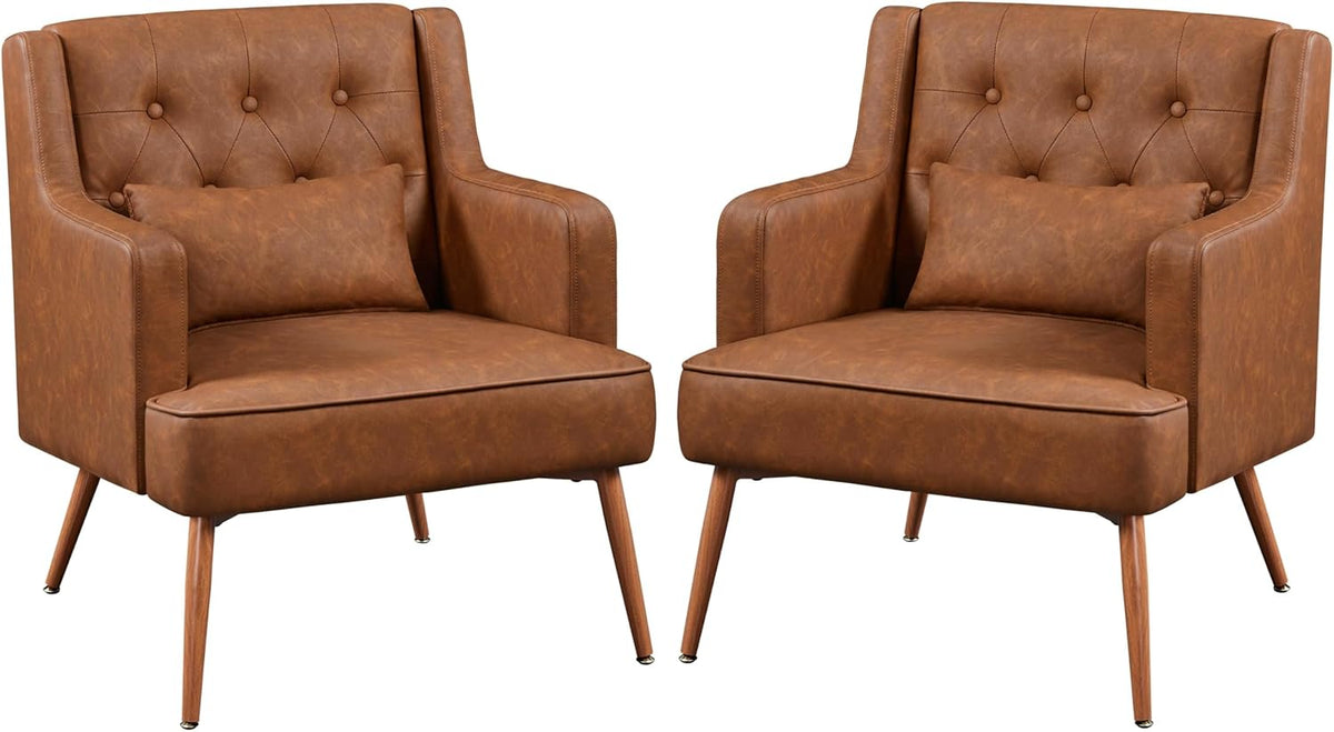 Yaheetech Accent Chair, Living Room Chair Mid Century PU Leather Armchair Lumbar Pillow, Comfy Upholstered Reading Chair Wood Leg Bedroom Brown 2PCS
