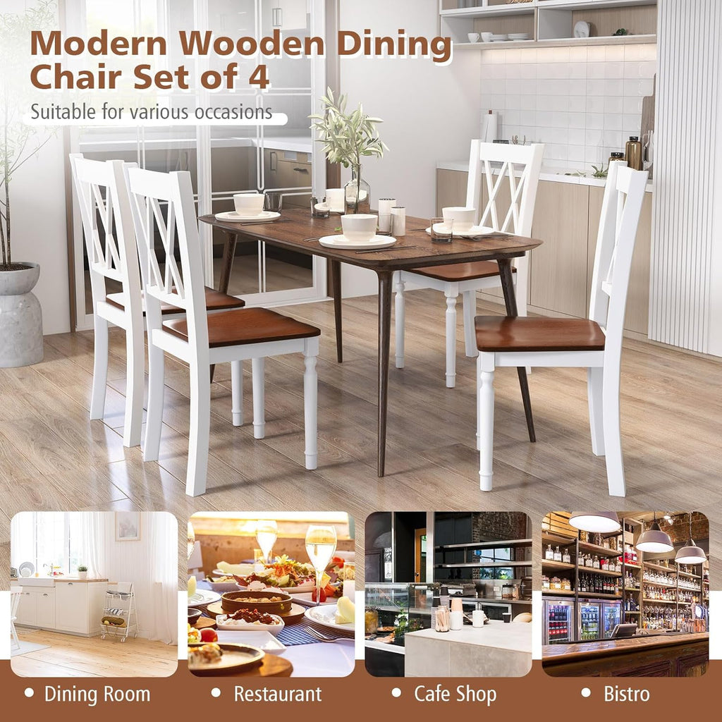 Giantex Dining Room Chairs Set of 4 White - Wooden Farmhouse Kitchen Chairs with Rubber Wood Seat, Acacia Wood Legs, Max Load 360 Lbs, Heavy Duty Wood Armless Dining Chairs with High Back