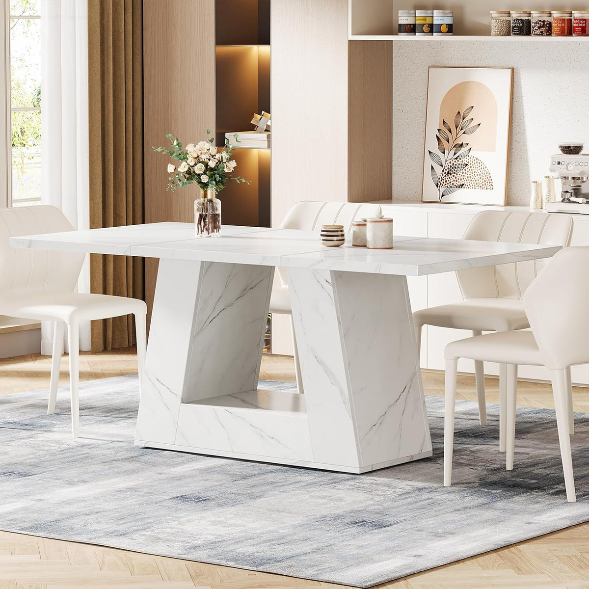Tribesigns Dining Table for 4 to 6 People, 63" Rectangular Dining Room Table, Modern Wooden Faux Marble Dinner Table with Sturdy Base for Kitchen, Living Room