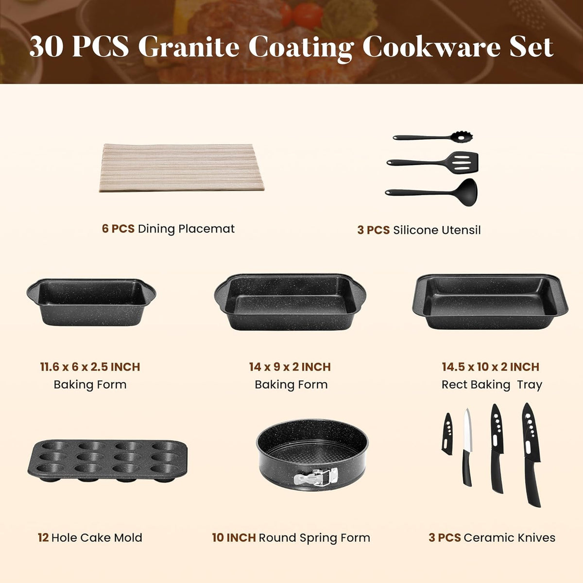 Kitchen Induction Cookware & Bakeware Set - 30 Piece Black Granite Cooking Pans Set, Non-Stick Pots and Pans Set