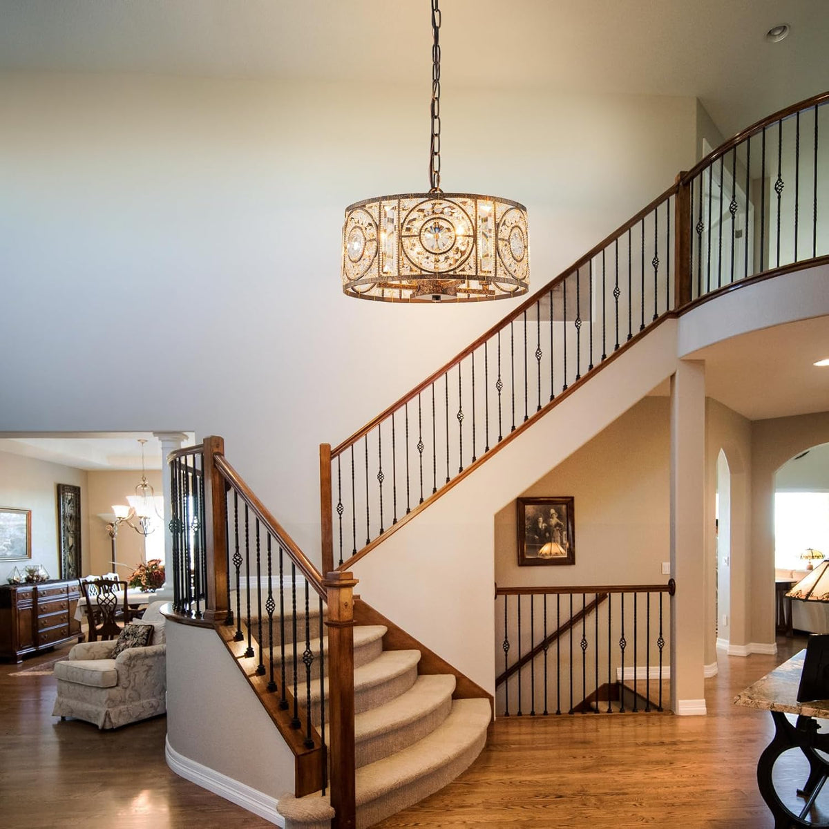 Bronze Vintage Crystal Chandeliers for Dining Room 14.17" Drum Pendant Lights, Dining Room Light Fixtures Over Table, Hanging Chandelier for High Ceiling Kitchen Island Living Room Foyer