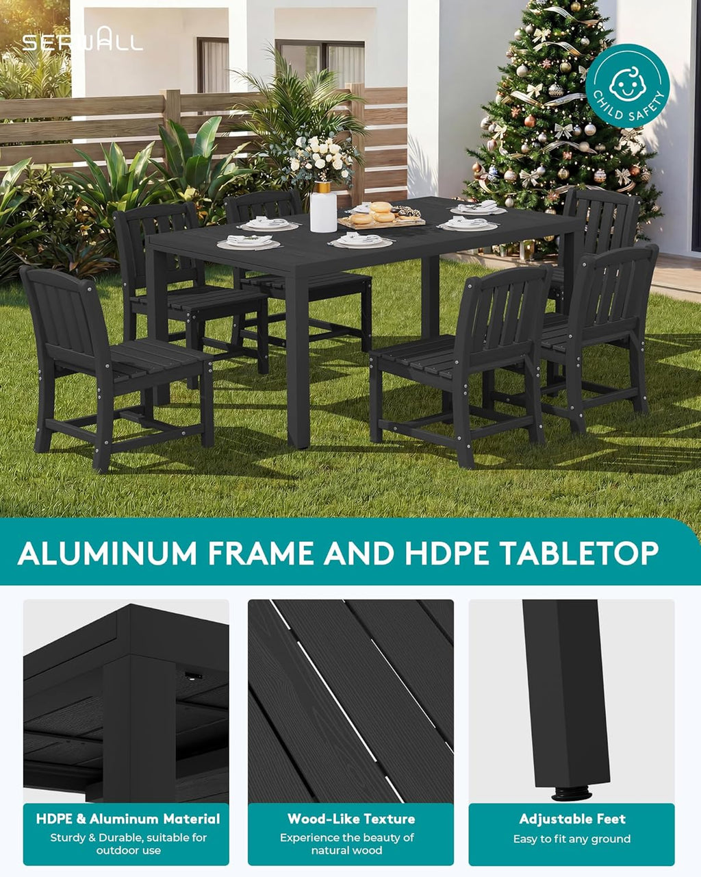 SERWALL Outdoor Expandable Dining Table 60" - 83", Patio Dining Table for 4-10 People, All Weather HDPE and Aluminum Outdoor Furniture, Black