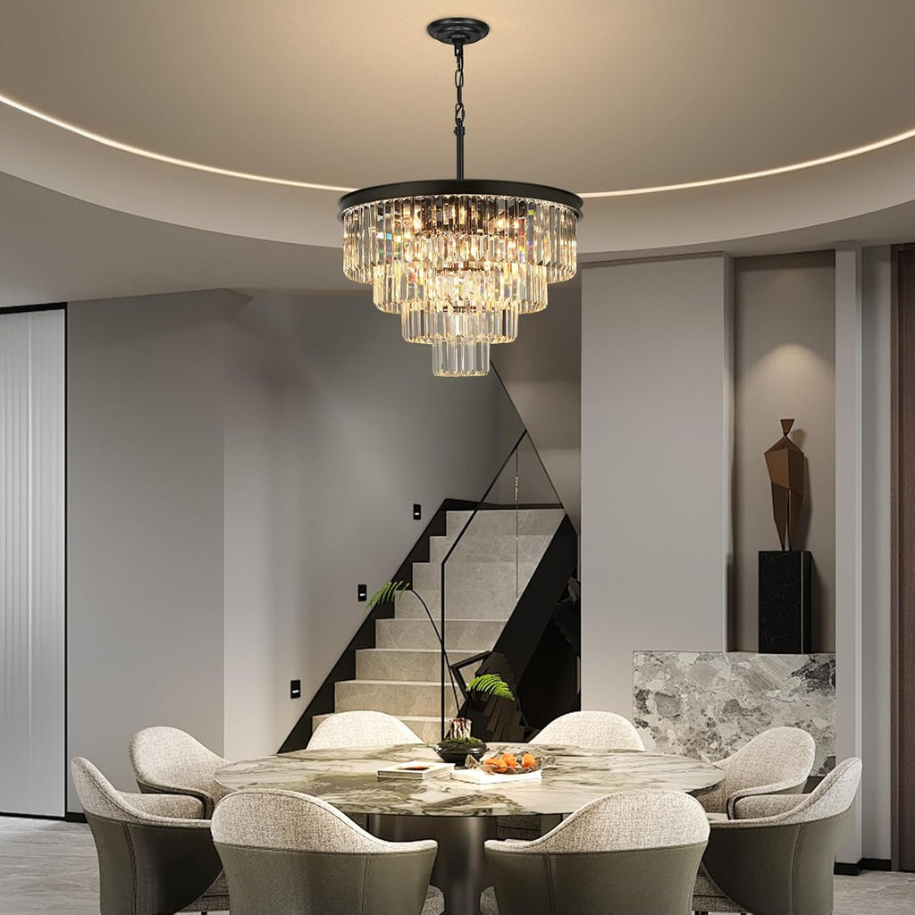 Crystal Chandeliers for Dining Room Lights Fixture Over Table, 15 Lights Black Modern Chandeliers for Living Room, 4-Tier Round Crystal Lighting Fixtures for Bedroom Entryway Kitchen Island D24 Inch