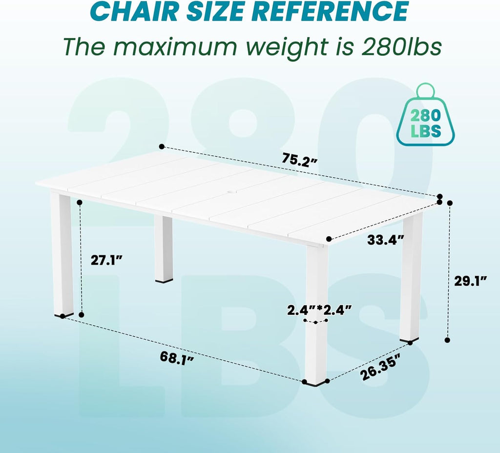 LOUNZY 75.2" HDPE Rectangle Outdoor Dining Table for 8, Oversized Patio Dining Table w/ 2" Umbrella Hole,White