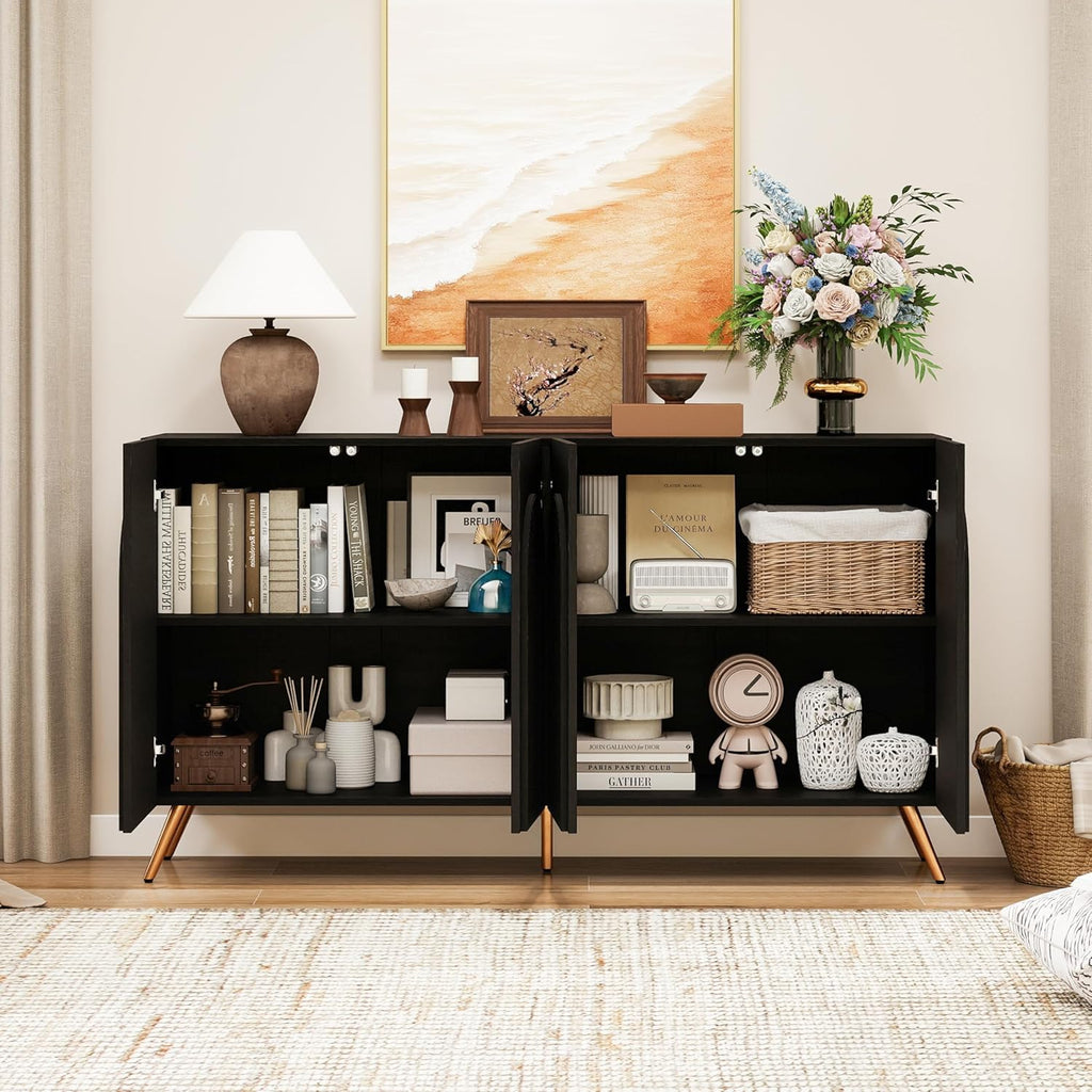 59" Black Arched Sideboard Buffet Cabinet with Adjustable Shelves, Modern Storage Cabinet with Arched 3D Carved Wood Doors, Credenza Accent Cabinet for Living Room, Dining Room, Entryway