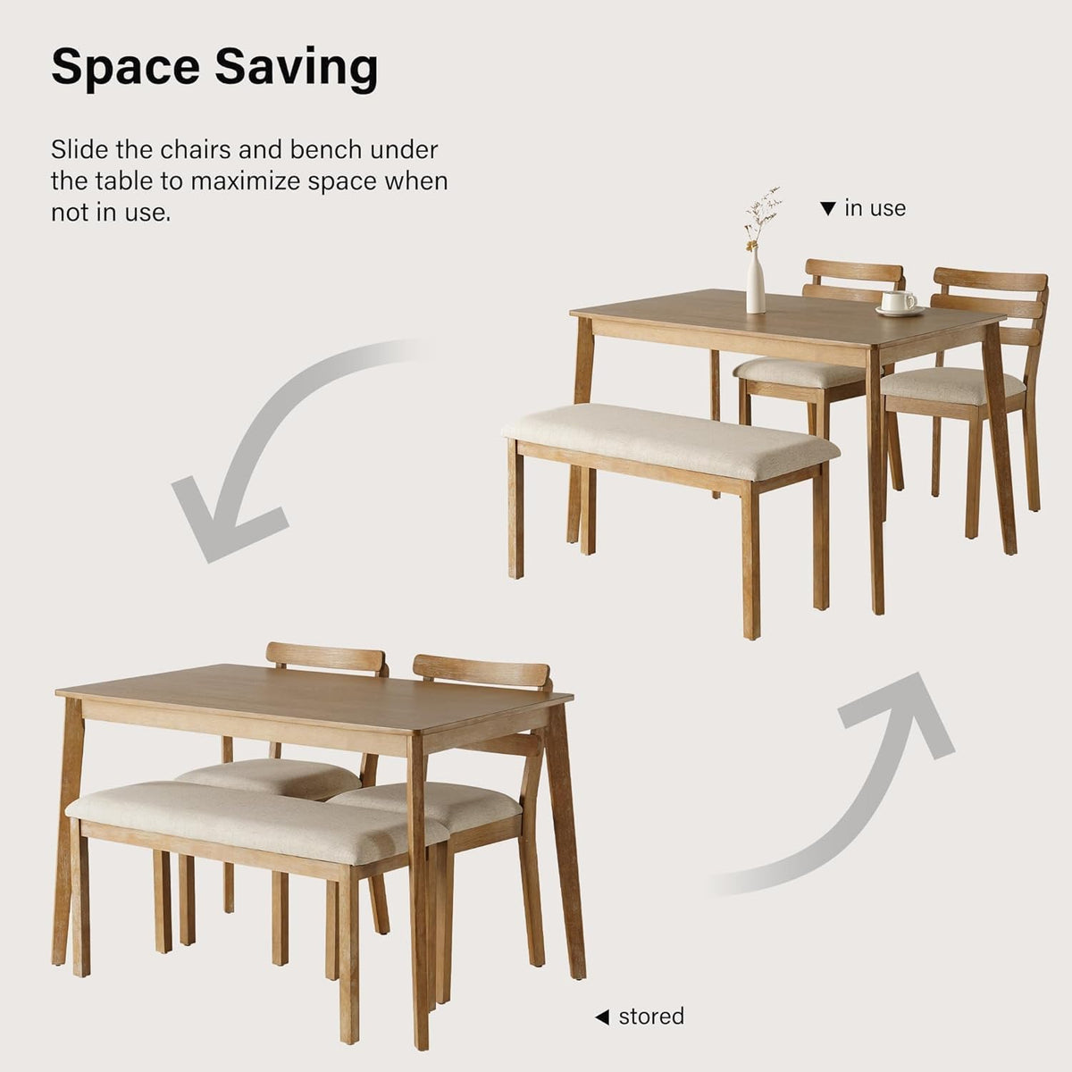 SIMTONAL 6 Piece Dining Table Set with Bench, Wooden Rectangular Kitchen Table and 4 Upholstered Chairs, Farmhouse Dining Room Furniture for Family Meals, Light Oak Finish
