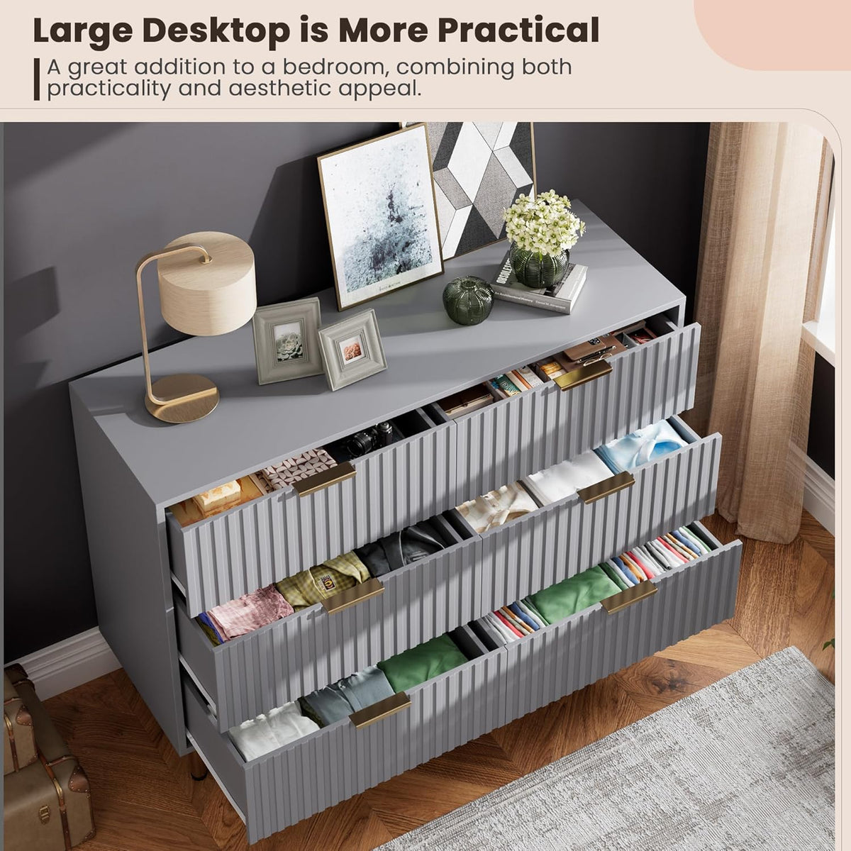 6 Drawer Dresser for Bedroom, Fluted 47.2 in Wide Modern Chest of Drawers with Deep Drawers, Long Large Double Dresser TV Stand, Wooden Dresser Organizer for Living Room, Hallway, Kids Room, Grey