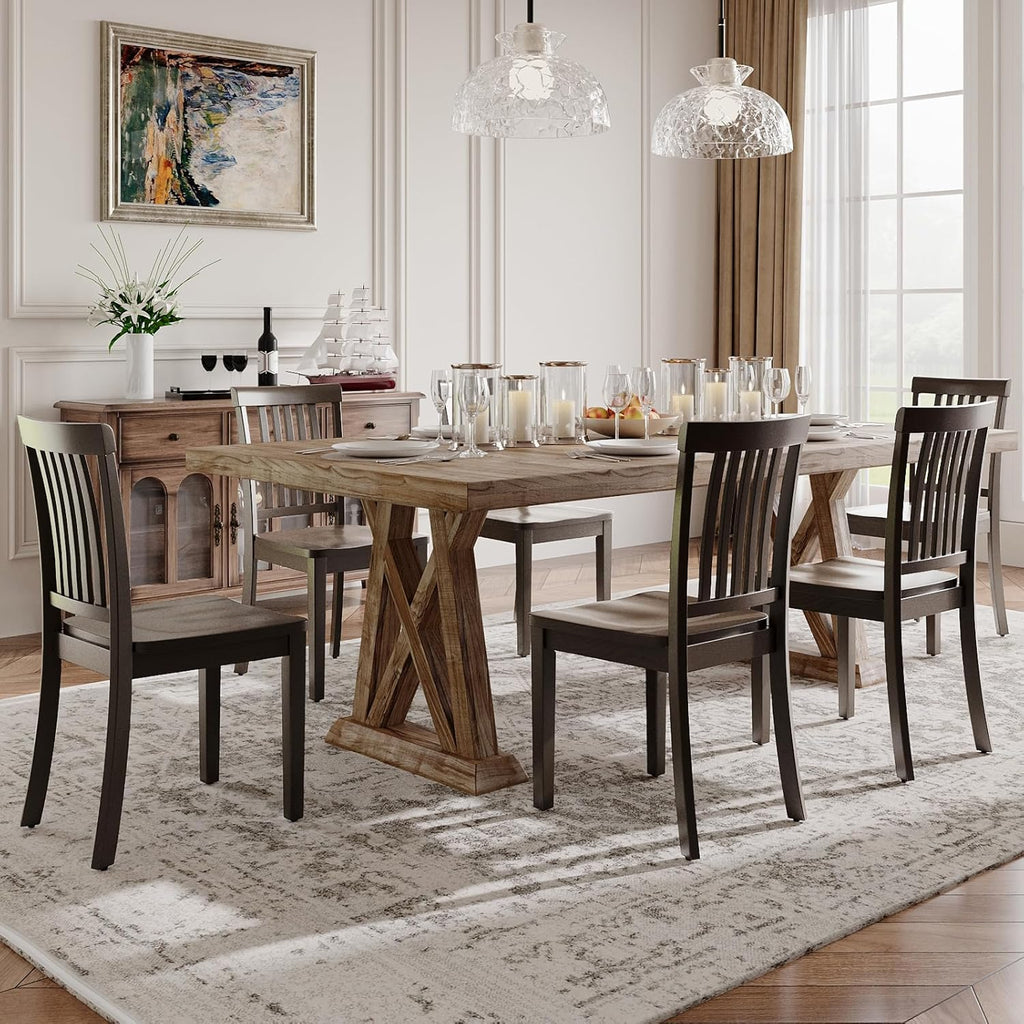 Dining Chairs Set of 6, Farmhouse Wood Chairs with Spindle High Backrest, 17.3 Inch Wood Chairs for Kitchen and Dining Room