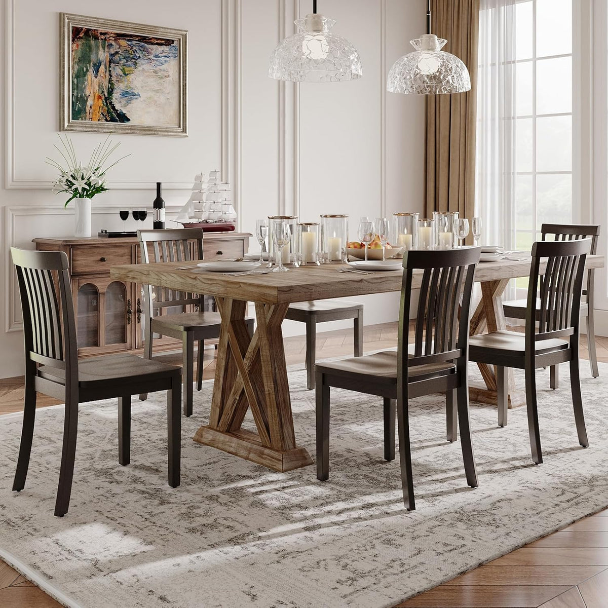 Dining Chairs Set of 6, Farmhouse Wood Chairs with Spindle High Backrest, 17.3 Inch Wood Chairs for Kitchen and Dining Room