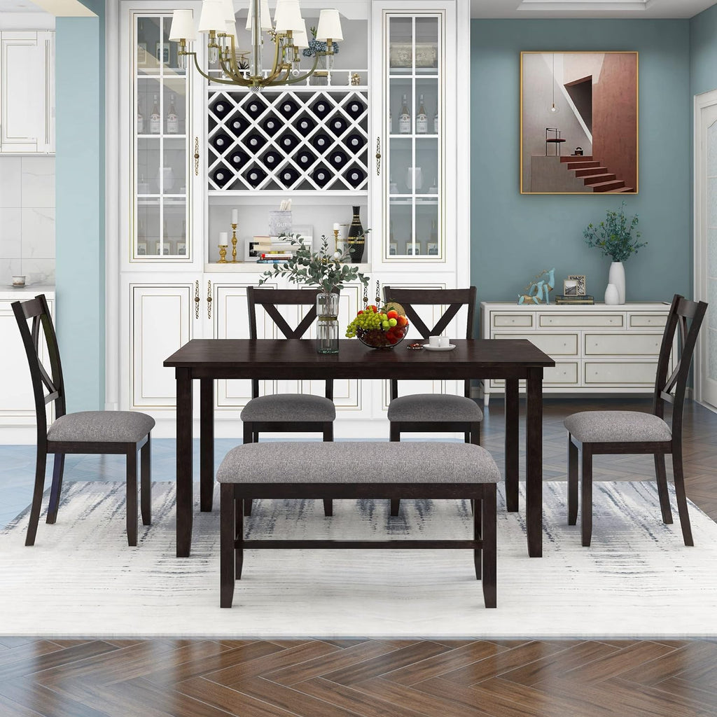 Merax 6 Piece Kitchen Dining Table Set, Wood Rectangular Table and 4 Dining Chairs with Cushions and 1 Bench with Cushion, Kitchen Dining Room Table Set for 6 (Espresso)