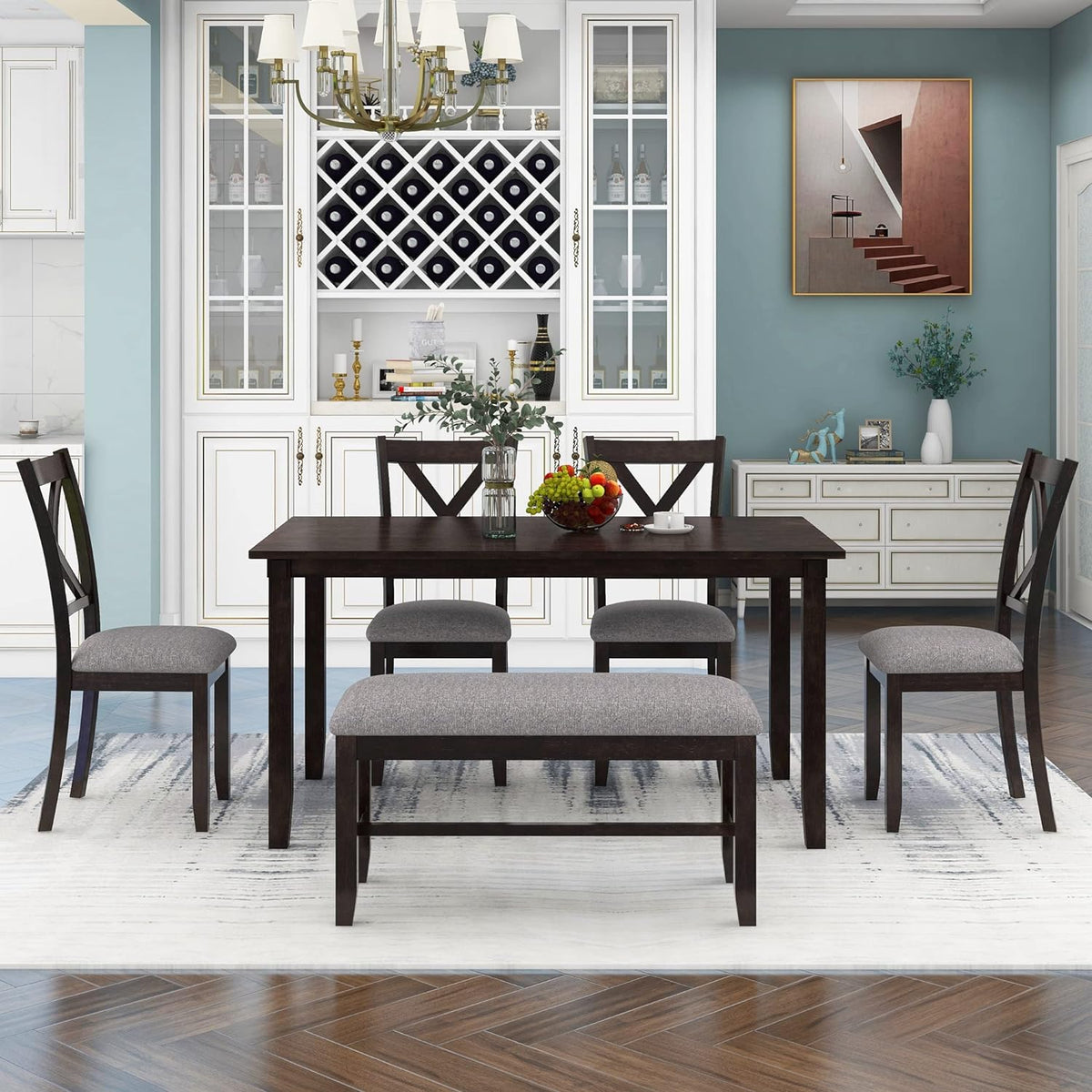 Merax 6 Piece Kitchen Dining Table Set, Wood Rectangular Table and 4 Dining Chairs with Cushions and 1 Bench with Cushion, Kitchen Dining Room Table Set for 6 (Espresso)
