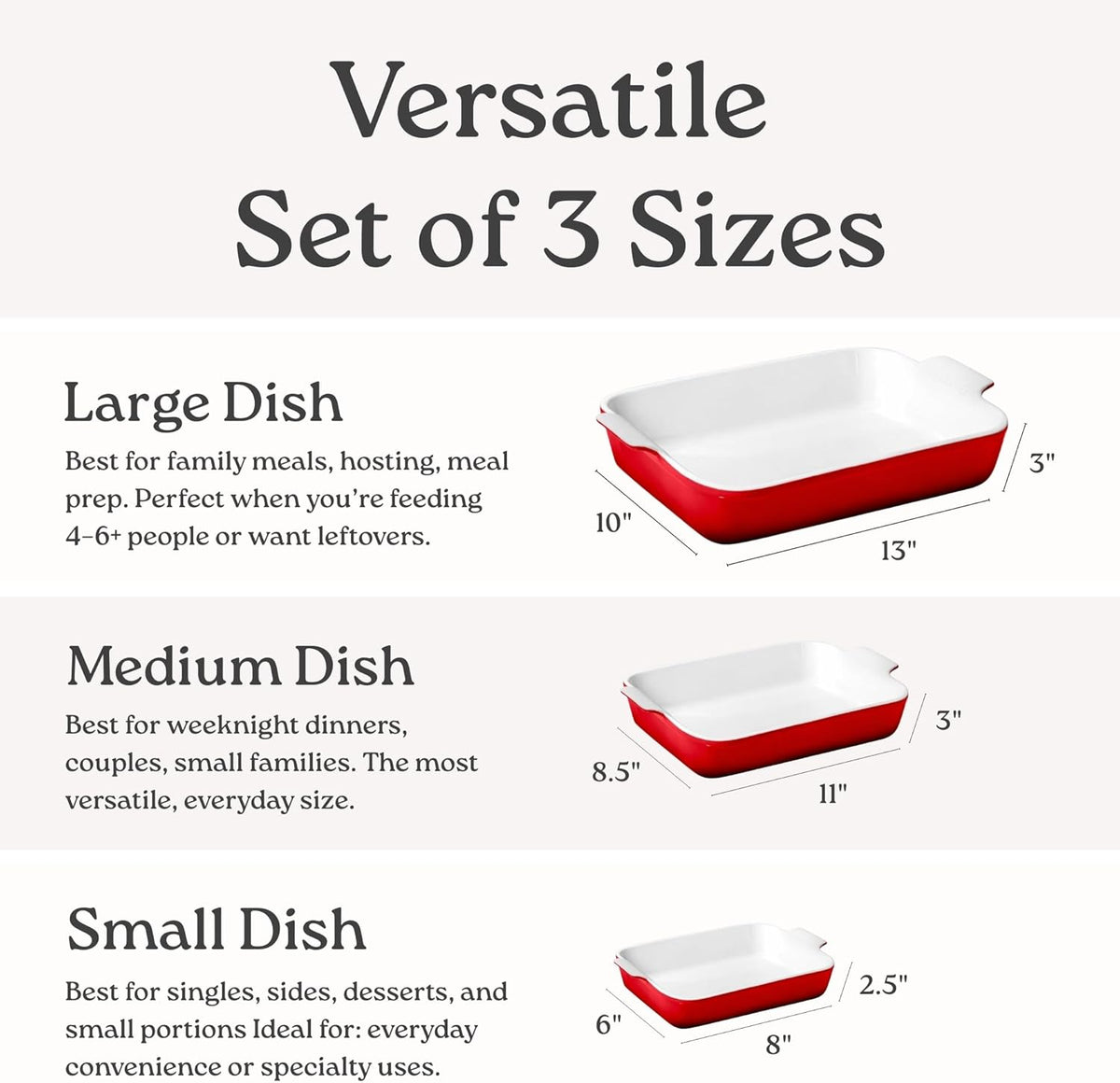 ROSSALLINI Stoneware Casserole Dish Bakeware Set of 3 | Rectangular Dinnerware Set with Handles Passion Red