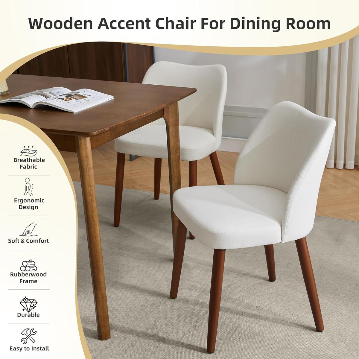 GarveeHome Linen Dining Chair Set of 4 Upholstered Fabric Dining Chair with Wood Legs, Wing Backrest, Wooden Kitchen Chairs with Thick Cushions, Leveling Feet for Dining Room, Living Room, White
