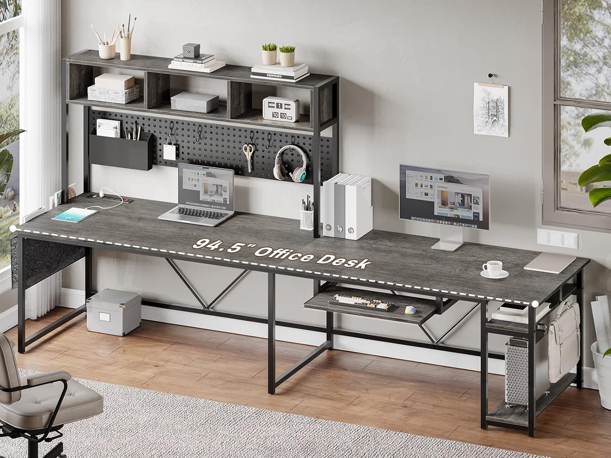 SEDETA L Shaped Desk, 94.5 Inch Home Office Desk with Power Outlet & Pegboard, L Shaped Gaming Desk with LED Light, Keyboard Tray, Storage Shelves and Headphone Hook for Home Office, Grey