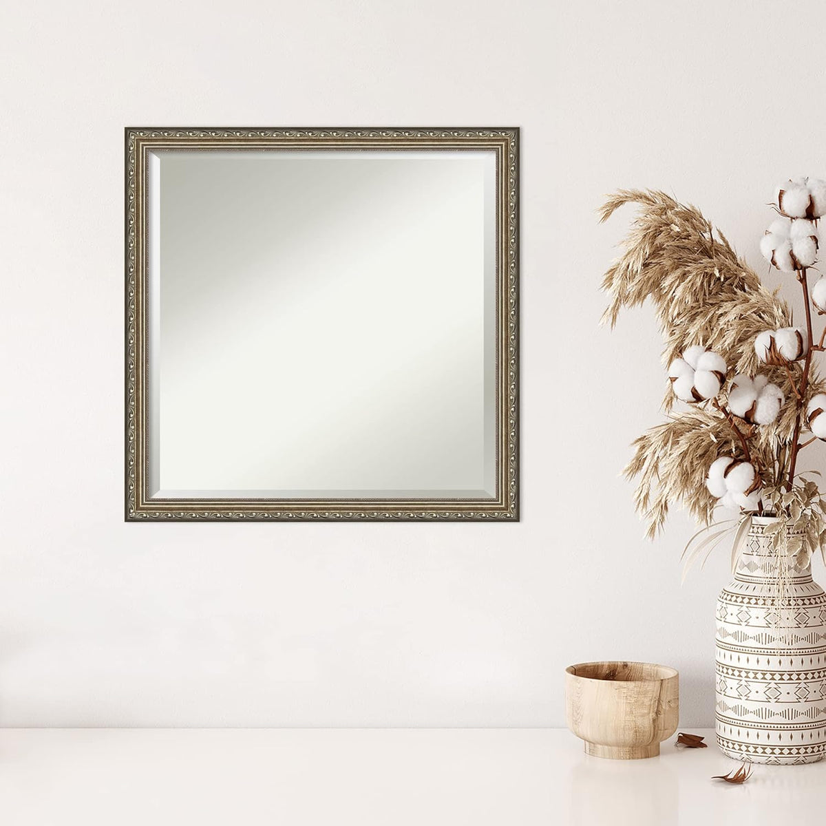 Amanti Art Silver Wall Mirror 22x22 Parisian Silver Square Bathroom Mirror for Wall Decor Living Room, Medium Traditional Wood Frame, Hangs Horizonally and Vertically, Bathroom Decor, Beveled Edge