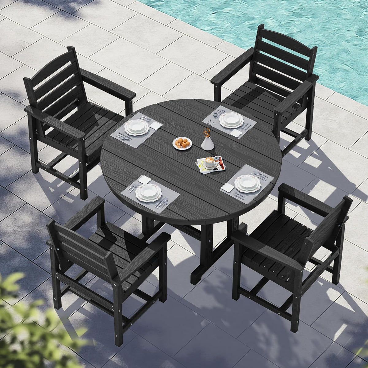 SERWALL 5-Piece Outdoor Round Dining Sets, HDPE Patio Table and Chairs Furniture Set, 45" Round Dining Table and 4 Dining Chairs, Black