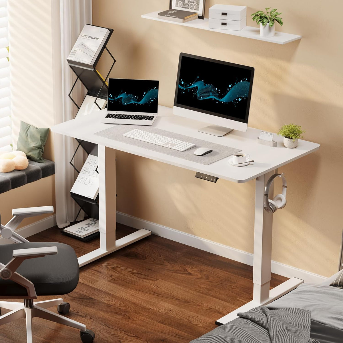 FLEXISPOT Standing Desk, 48" x 24" One-Piece Desktop, Height Adjustable Computer Desk for Home Office, White Frame & White Top (One Package)