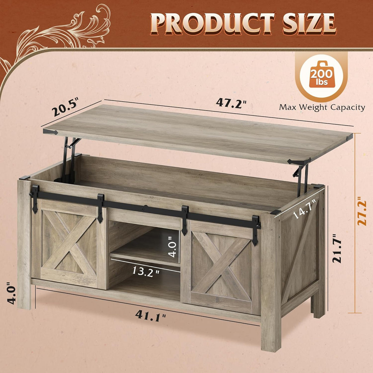 WLIVE 47.2" Farmhouse Lift Top Coffee Table with Sliding Barn Doors, Large Hidden Storage Compartment and Adjustable Shelf for Living Room,Office, Greige