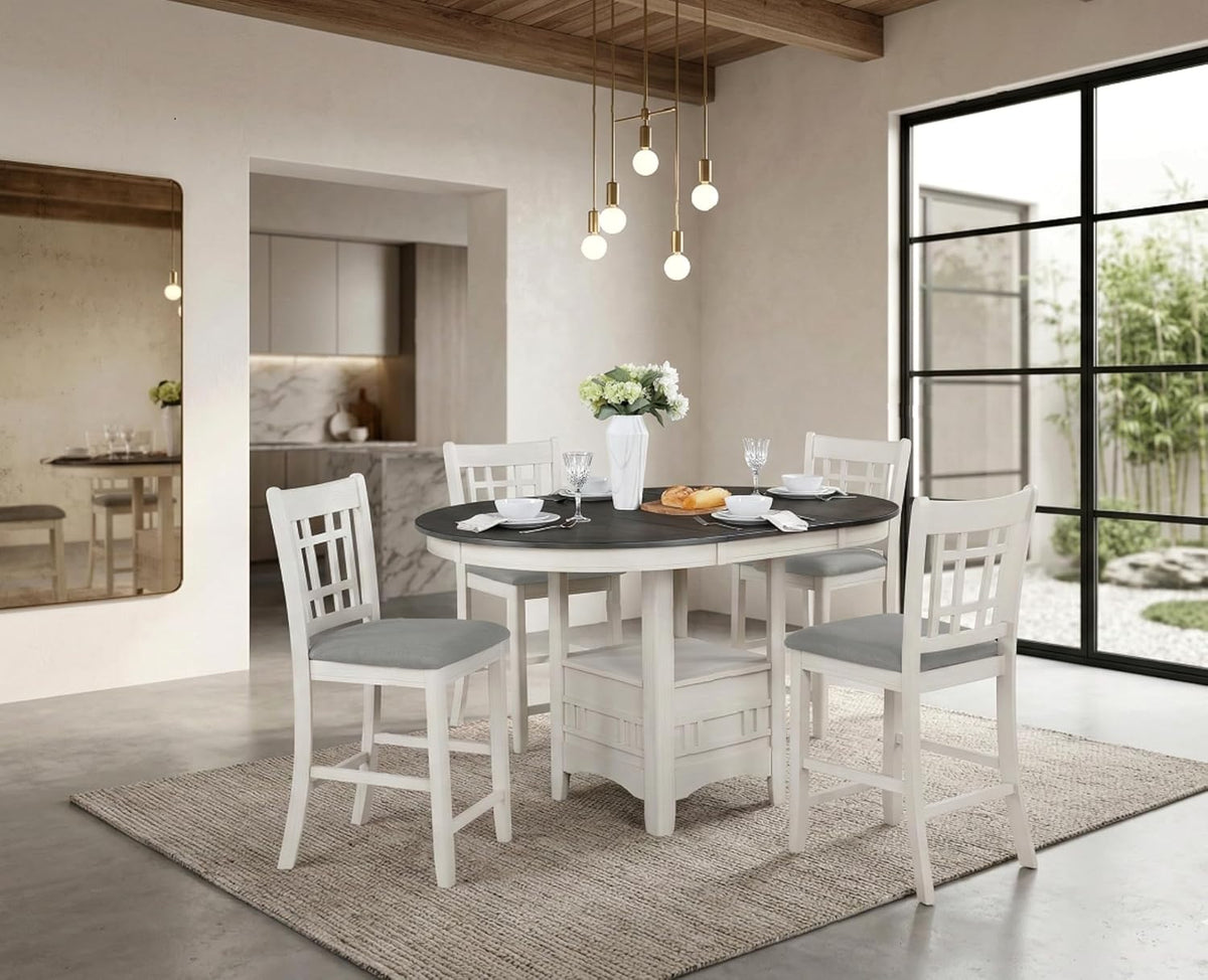 CARTESIAN 5 Piece Counter Height Dining Set, Oval Extendable Table with Storage Shelf, 4 Upholstered Chairs, Weathered White and Gray, Grid-Back Design
