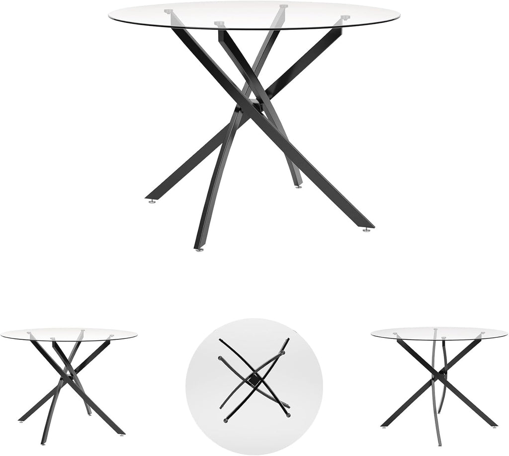 Signature Design by Ashley Pharwynn Modern Glass Tabletop Dining Table with Cross-Shaped Base, Black