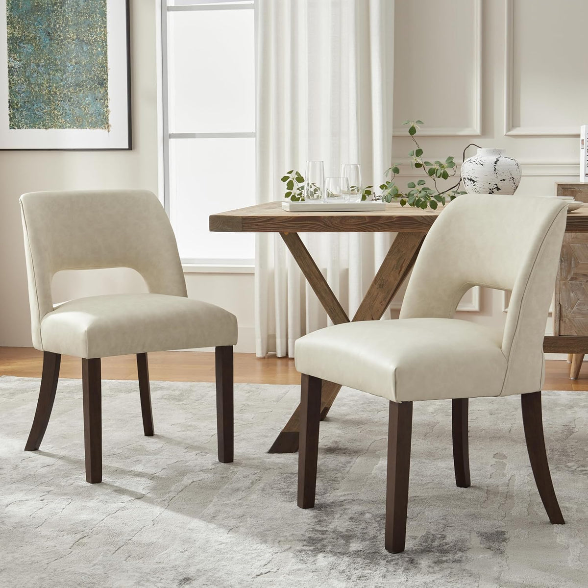 VKNOW Modern Dining Chairs Set of 6, Faux Leather Upholstered Dining Room Chair Kitchen Chairs, Farmhouse Dinner Chair for Kitchen Dining Room, Beige