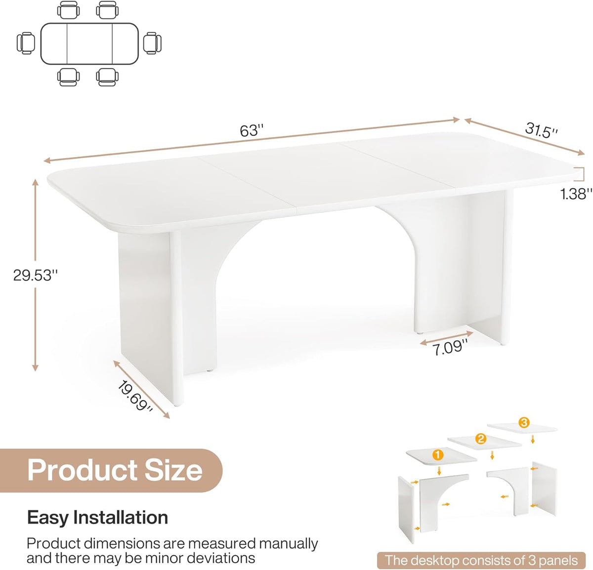 Tribesigns Modern White Dining Table for 4-6 People, 63" Large Rectangle Kitchen Table with Arch Design Legs, Dinner Table Kitchen & Dining Room Furniture