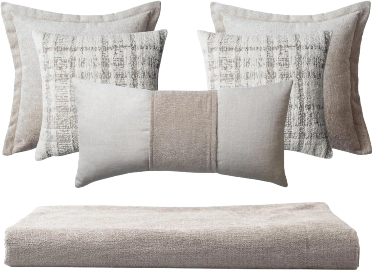 Set of 5 Throw Pillow Cover & 1 Piece Bed Runner Scarf 102"x47", Cushion Covers for Foot of Bedding Set Sofa & Bed, Cozy Decorative for Hotel/Bedroom, Beige
