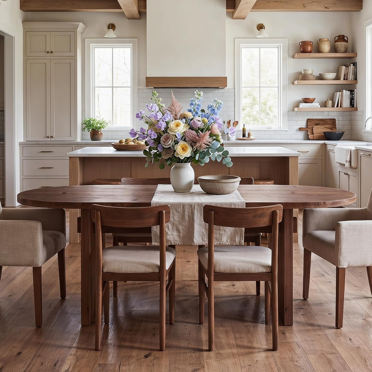 Tribesigns 63-Inch Oval Dining Table, Farmhouse Solid Wood Kitchen Table for 4-6, Large Dinner Furniture with Double Pedestal for Dining Room