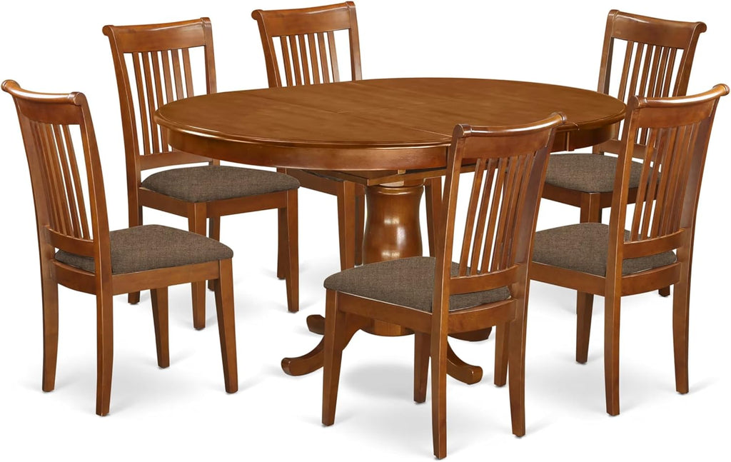 East West Furniture PORT7-SBR-C 7 Piece Dining Table Set Consist of an Oval Dining Room Table with Butterfly Leaf and 6 Linen Fabric Upholstered Chairs, 42x60 Inch, Saddle Brown