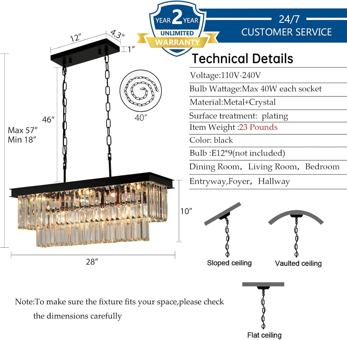 Weesalife Black Crystal Chandeliers for Dining Room Light Fixtures Over Table .9-Lights Modern Rectangle Chandeliers for Kitchen Island Bar L28 Inch