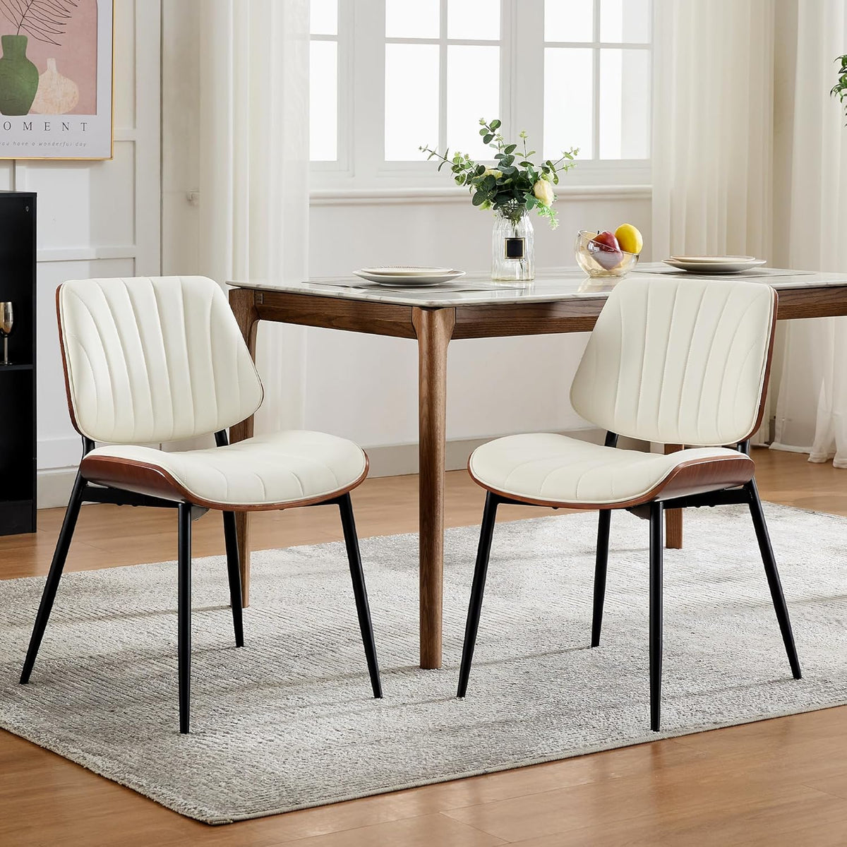 Garvee Dining Chairs Set of 4, Mid-Century Modern Upholstered Retro PU Leather Kitchen Chairs with Walnut Bentwood Back and Metal Legs Adjustable Feet for Kitchen Dining Room, White Shell Strips