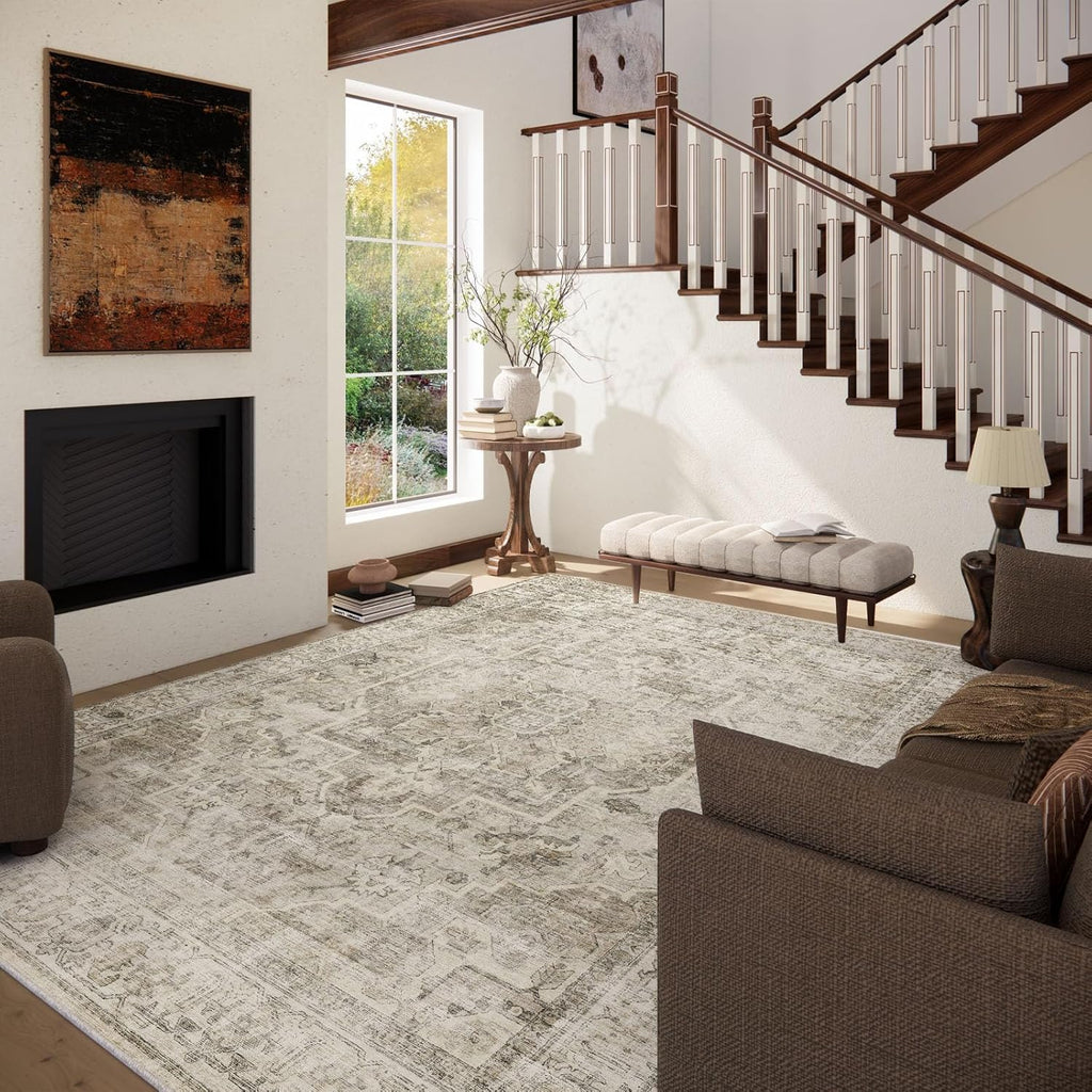 Washable Area Rugs for Living Room: 9x12 Bedroom Area Rugs Boho Vintage Rugs Stain Resistant Non Slip Low Pile Soft Lightweight Carpet for Kitchen Dining Room Farmhouse Nursery Kids Room Home Office
