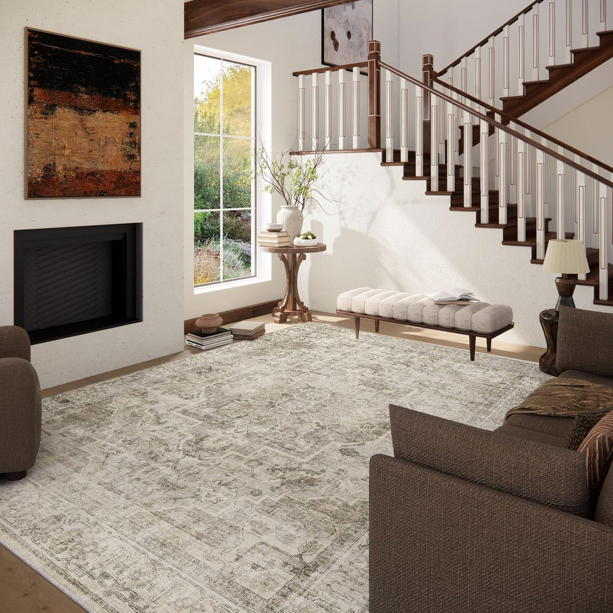 Washable Area Rugs for Living Room: 9x12 Bedroom Area Rugs Boho Vintage Rugs Stain Resistant Non Slip Low Pile Soft Lightweight Carpet for Kitchen Dining Room Farmhouse Nursery Kids Room Home Office