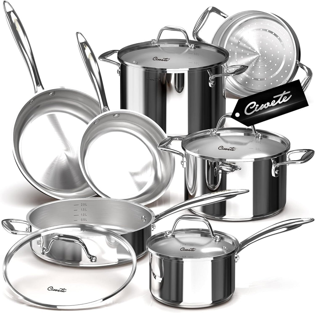 Ciwete 11-Piece Tri-Ply Stainless Steel Pots and Pans Set, 18/10 Stainless Steel Cookware Set with Steamer Insert, Induction Kitchen Cookware Sets with Cool Ergonomic Handles, Dishwasher, Oven Safe
