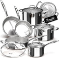 Ciwete 11-Piece Tri-Ply Stainless Steel Pots and Pans Set, 18/10 Stainless Steel Cookware Set with Steamer Insert, Induction Kitchen Cookware Sets with Cool Ergonomic Handles, Dishwasher, Oven Safe