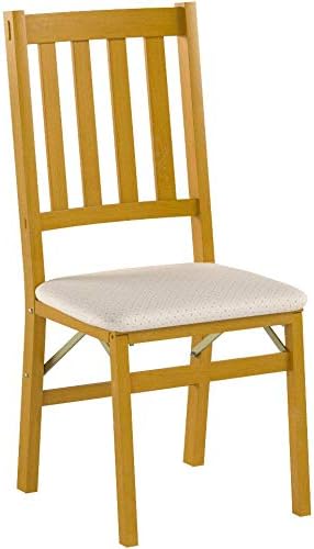 MECO Stakmore Arts and Craft Wooden Folding Chairs with Padded Seats, Set of 2 - No Assembly Foldable Dining Chairs, Steel Folding Mechanism, Upholstered Cushion, Space-Saving, Oak Frame