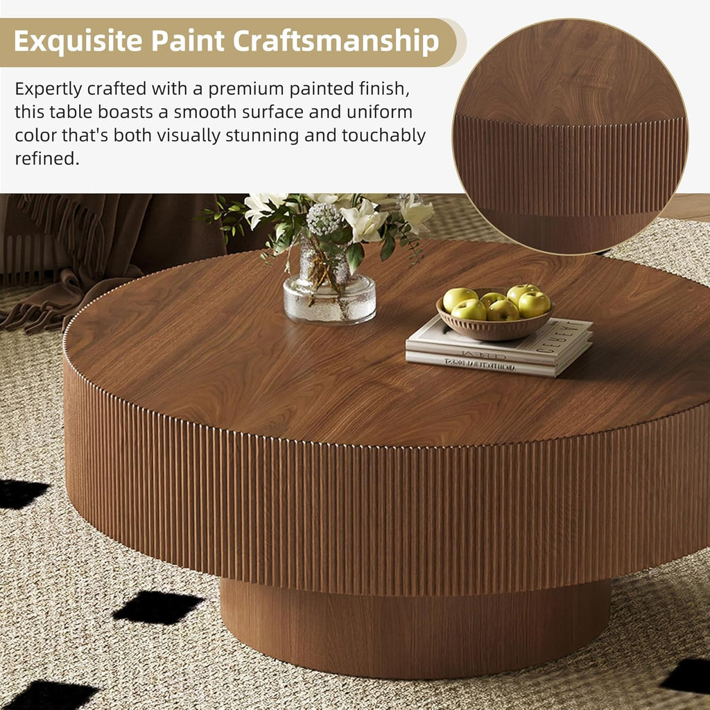 Merax Modern 35.4 Inch Round Large Coffee Table with Sturdy Base, Wood Minimalist Fluted Center Table for Living Room Reception Room, Easy Assemble, Walnut