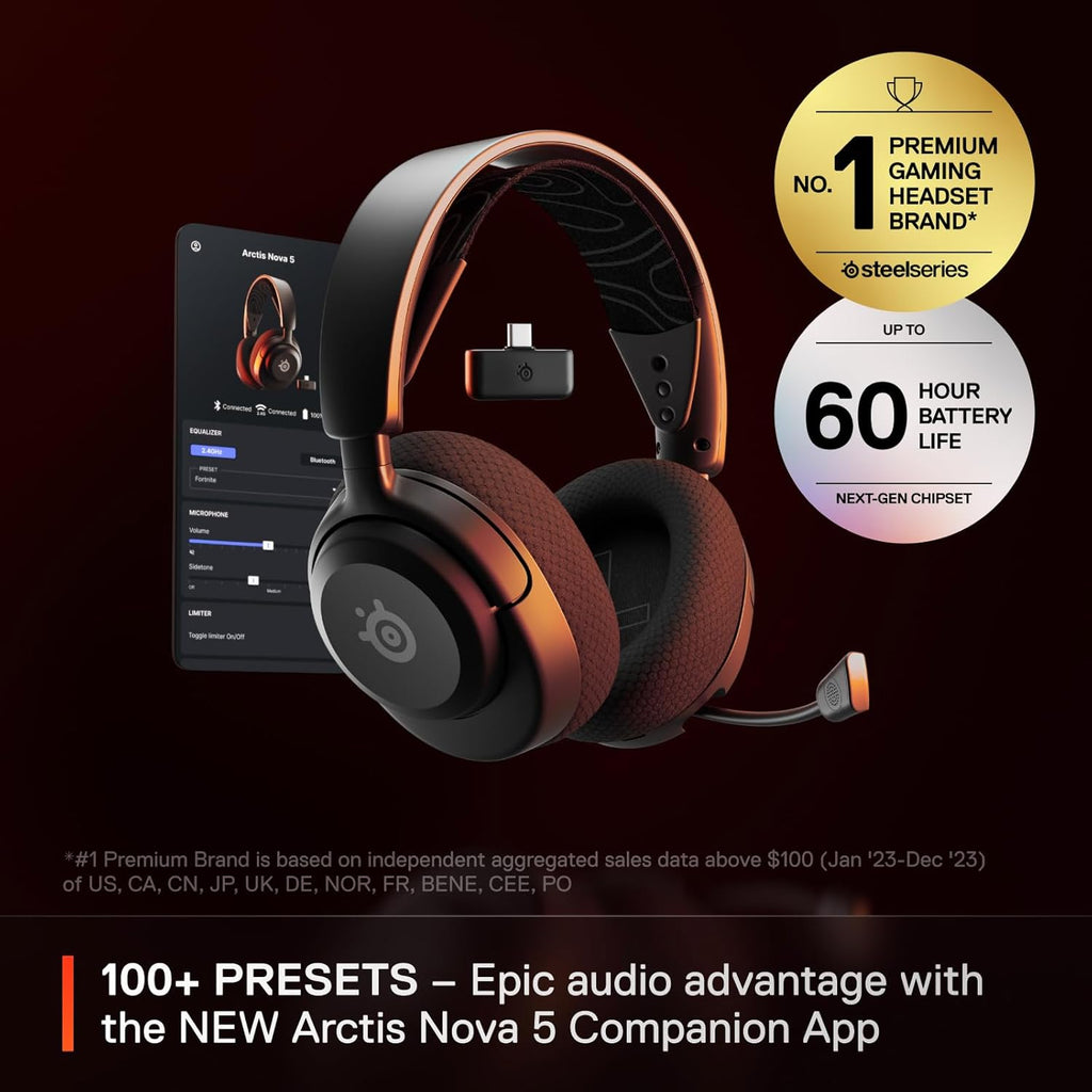 SteelSeries Arctis Nova 5 Wireless Multi-System Gaming Headset — Neodymium Magnetic Drivers — 100+ Audio Presets — 60 HR Battery — 2.4GHz or BT — ClearCast Gen2.X Mic — PC, PS5, PS4, Switch, Mobile