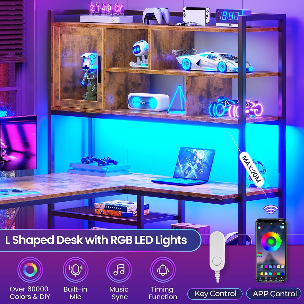 SEDETA L Shaped Computer Desk, 58'' Office Desk with LED Light and Bookshelf, L Shaped Corner Desk with Storage Shelves for Home Office, Gaming Desk, L Desk, Rustic Brown