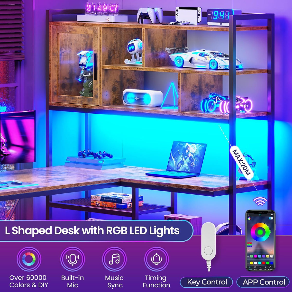 SEDETA L Shaped Computer Desk, 58'' Office Desk with LED Light and Bookshelf, L Shaped Corner Desk with Storage Shelves for Home Office, Gaming Desk, L Desk, Rustic Brown