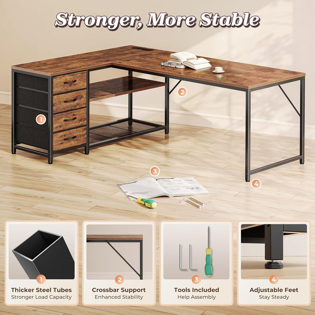 PRAISUN 61" L Shaped Desk with Power Outlets and USB-C Port, Reversible Computer Corner Office Desk with 4 Fabric Drawers and 2 Height-Adjustable Shelves, Large for Gaming Writing Study, Rustic Brown