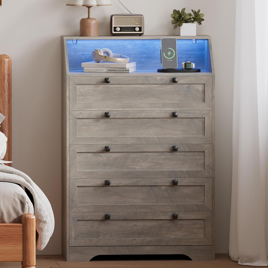Wodeer Grey Dresser Tall 5 Drawer Dresser for Bedroom, Wood Chest of Drawers with LED Lights, Charging Station, Metal Handles, Modern Storage Cabinet and Organizer Drawers for Living Room, Hallway