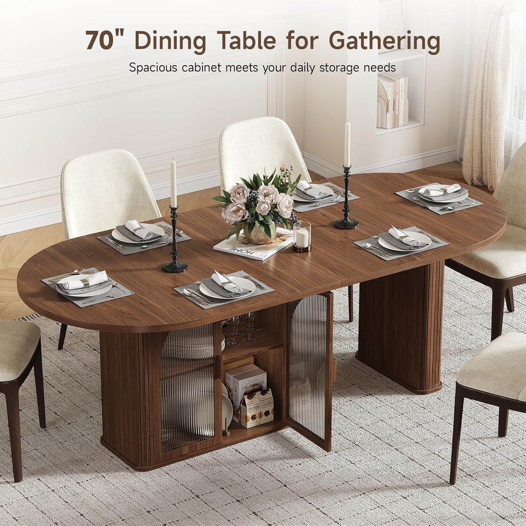 ONBRILL 70 Inch Oval Dining Table for 6-8, Modern Dining Room Table with 2-Tier Storage Space, Wood Kitchen Table with LED Light, Dinner Table with Heavy Duty Legs, Walnut