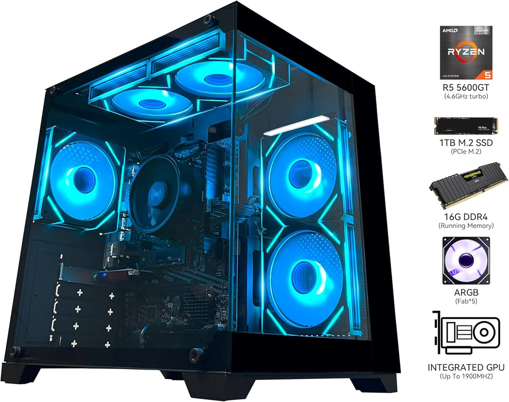 YAWYORE Gaming PC Desktop Computer AMD Ryzen 5 5600GT,16GB DDR4 3200MHz,1TB M.2 NVMe PCle,550W 80PLUS PSU,WiFi,Game Design Office Console,Sea View Room, Towers PC (Black)