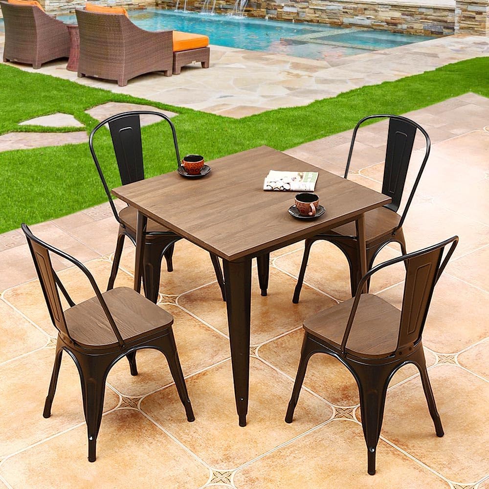 Yaheetech Metal Dining Chairs Set of 4, Industrial Stackable Kitchen Chairs with Wood Top Seat for Dining Room/Restaurant/Bistro/Patio, Indoor & Outdoor Use, Black