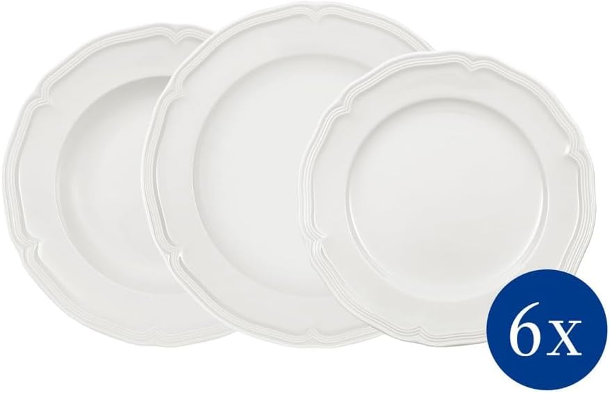 Villeroy & Boch Manoir Collection 18-Piece Dinnerware Set, Plates & Bowls, Premium Porcelain, Made in Germany, Dishwasher & Microwave Safe, Rich, Creamy White